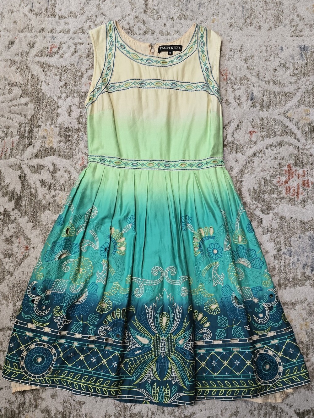 Anthropologie Tanvi Kedia Chameli Green Teal Ombre Floral Midi Dress Size M